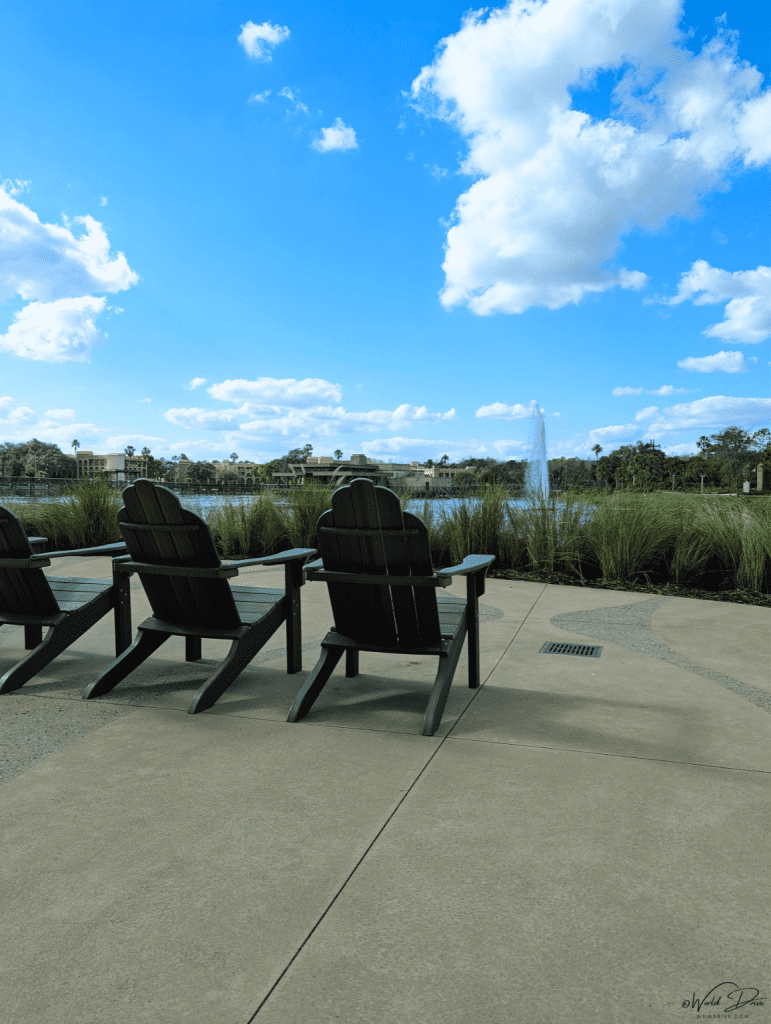 Waterfront Seating overlooking the Three Bridges Bar and Grill at Disney's Coronado Springs Resort.